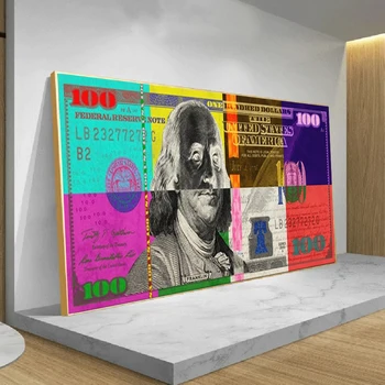 100 доларови банкноти цветни блокове платно живопис плакати и отпечатъци стена поп арт картини Cuadros за хол стена декор