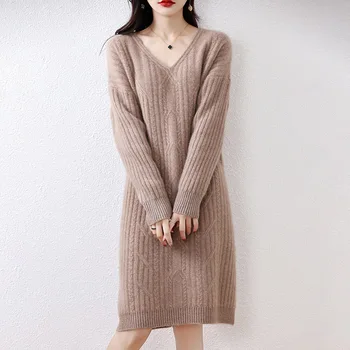 100% пуловер от мериносова вълна плетена рокля със средна дължина 2023 Есен и зима Нова кабелна връзка с V-образно деколте Удебелено топло дамско облекло