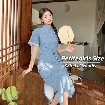 150cm Дребнички момичета етнически стил китайски стил подобрена рокля Cheongsam жени лято висока талия a-line средата дължина xs изглежда високо