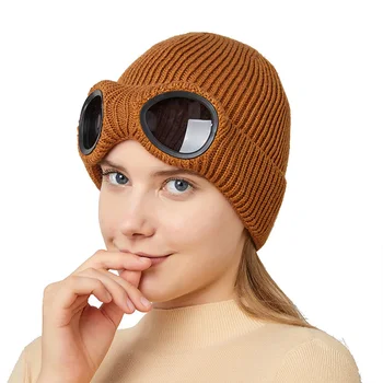 1PC очила шапка плетена шапка плюшена подплата плътен цвят очила декор ски капачка фиксиране подреждане мода ветроупорен есен зима