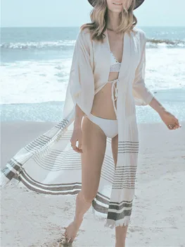 2021 Лятна бяла коприна черна ивица печат на талията Малка плажна плажна слънцезащитна риза Секси Holiday Cardigan Beach Cover Up