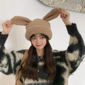 2021 нови сладки заешки уши Агнешка вълнена шапка жени есен и зима плетена вълнена шапка зимна топла корейска версия на японска шапка