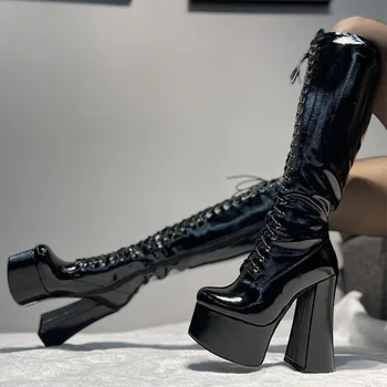 2022 Модни дамски ботуши Есен и зима Нови кръгли пръсти дебели токчета супер висок ток дантела нагоре, но коляното ботуши