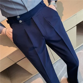 2023 Висококачествен бизнес случаен драпиран панталон с висока талия Мъже плътен цвят официални панталони мъжки официални офис социални костюми