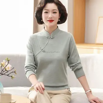 2023 Китайски подобрен cheongsam плета отгоре дамски пуловер cheongsam стойка яка дълъг ръкав пролет есен база блуза отгоре s635