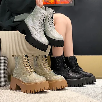 2023 Нови висококачествени платформени ботуши дамски обувки черни кожени ботуши до глезена пънк обувки дебело дъно мотоциклетни ботуши