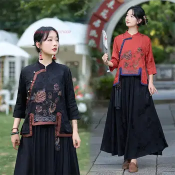 2024 традиционна китайска етническа блуза национална цветна бродерия ханфу върхове реколта сатен жакард qipao ориенталски tang костюм