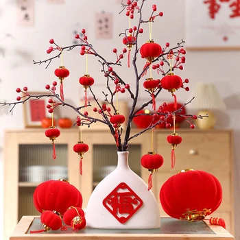 25/30Pcs Малки флокиращи червени фенери DIY мини късметлия висящи фенер сватбено тържество декор китайски пролетен фестивал Нова година подарък