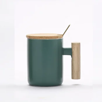 400ml Дървена дръжка цветна глазура Керамична чаша, Creative Moring чаша с капак, мляко кафе чай уникални порцеланови чаши за пиене