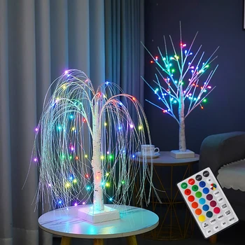60 LED върба нощна светлина Gypsophila цветно дърво дистанционно таблица лампа за дома спалня сватба Коледа вътрешен декор нощна светлина