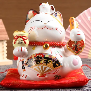 8 инча Керамични Maneki Neko Lucky Cat Money Box Coin Bank Декорация на дома Орнамент с възглавница Бизнес подарък