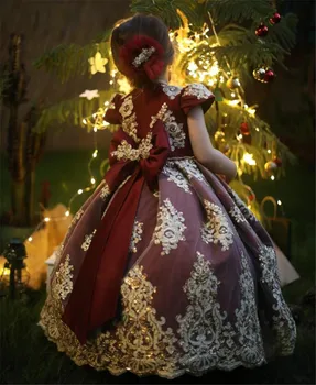 A линия персонализирате цвете момиче рокля с голяма панделка лък бордо сатен принцеса дете парти рокля рожден ден рокля дете размер 1-14T