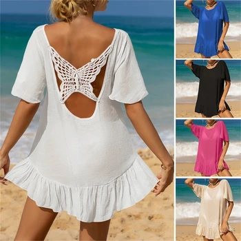 Beach Cover Up Dress Swimsuit Wrap Ruffle Beach Wrap Dress Round Nech H58D