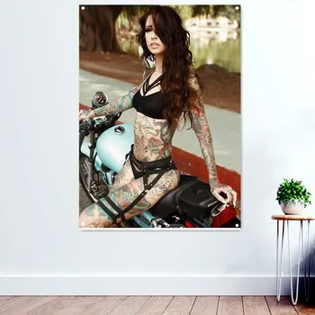 Biker Chick мотоциклет стена изкуство гоблен декоративен банер флаг плакат & принтове кръчма клуб човек пещера бар гараж стена декор живопис