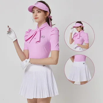 Blktee женски розов папийонка тениски къс ръкав елегантен голф риза дама плисирана пола висока талия анти-светлина голф Culotte комплекти
