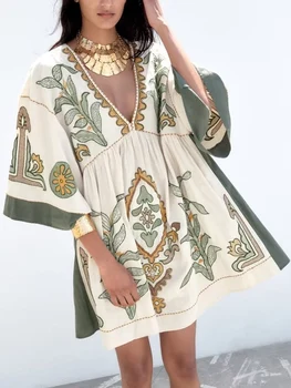 Boho бельо бродерия флорални рокля жени етнически пристъп ръкав плаж рокля женски цвете печат v-образно деколте хлабав лятото къса рокля