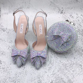 BS1601 Адаптивни различни токчета дамски обувки висок ток булчински сватбени обувки сребро AB камъни кристал обувки и чанта комплект