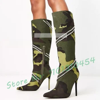 Camo Crystal Winding Heeled Boots Дамски нови в печат Pointy High Thin Heel Botas De Mujer Секси дамски пролетни обувки от висша мода