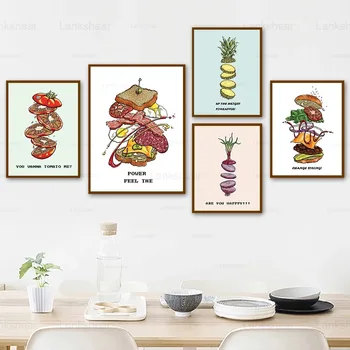 Canvas Painting Fruit Donut Foods Цитат Карикатура Стенно изкуство Скандинавски плакати и отпечатъци Картини за хол Начало Декор Unframe