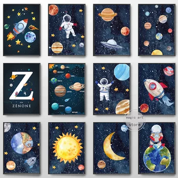 Cartoon Space Astronaut Star Rocket Planet Sun Moon Art Poster Canvas Painting Wall Print Picture for Baby Kids Room Home Decor