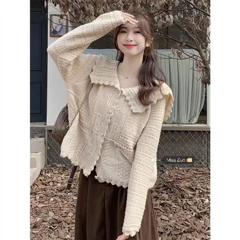 Chic Loose Solid Hollow Out Sweater Woman Gentle Doll Collar Single Breast Long Sleeves Simple Versatile Knit Cardigan