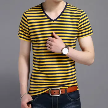 COODRONY V-образно деколте раирани къс ръкав дъно тениска мъжки дрехи лято нова тенденция тениска прости удобни върхове мъж W5559