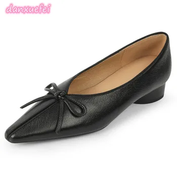 danxuefei дамски естествена кожа заострени пръсти подхлъзване апартаменти елегантни обувки сладки папийонка случайни женски ежедневни обувки обувки жени