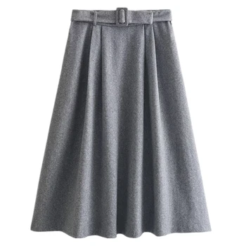 Dave&Di Grey High Waisted Midi Skirt Women 2024 Пролетна пола A-line, смесена с колан