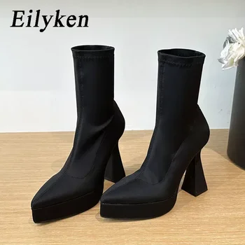 Eilyken есен зима комфорт участък чорап жени глезена ботуши мода платформа площад висок ток заострени пръсти женски обувки