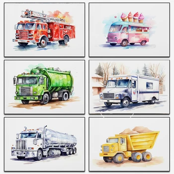 Farm Tractor Antique Tractor Tanker Truck Watercolors Vehicle Poster Canvas Painting Wall Art Picture for Room Nursery Decor