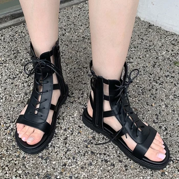 Fashion Summer Women Боти до глезена Zipper Female Casual Outdoor Sandals Cross-tied Елегантни дами плоски с обувки GLADIATOR