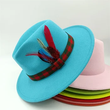 Fedora шапка Дамска шапка Аксесоари за пера Мъжка шапка Мода официална сватбена украса Камила Панама шапка Fedoras Gorras Para Mujer