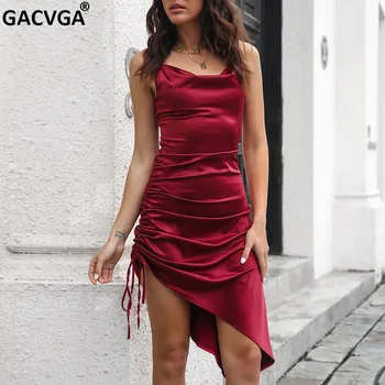 GACVGA Спагети каишка Сатенена мини рокля за жени 2022 Лятна секси превръзка без гръб Bodycon парти рокля Slim Short Vestidos