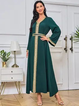 Gold Beaded Lace Muslim Robe for Women, Dubai Ramadan, Middle East, Saudi Arabia, Abaya, Simple Fashion, Islamic Dress