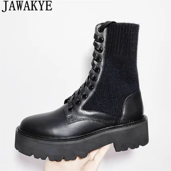 High Top Thick Bottom Lace Up Ankle Boots Women Brown Black Knitted Round toe Flat Sole Boots Luxury Casual Fashion Short Boots
