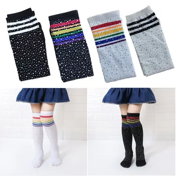KLV Нова мода деца коляното високи чорапи цветни райета кристал декорация момичета чорапи дълго тръба топло чорап за 3-12Y