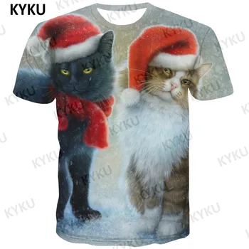 KYKU Марка Коледна шапка Тениска Мъже Коледни тениски 3d Коледна котешка тениска Отпечатан коледен подарък Смешни тениски