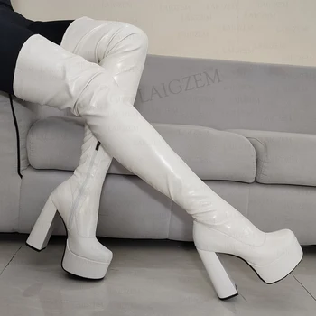 LAIGZEM Жени над коляното високи ботуши еластична платформа кръг пръсти страна цип буци високи токчета ботуши обувки жена голям размер 35 39 42 43