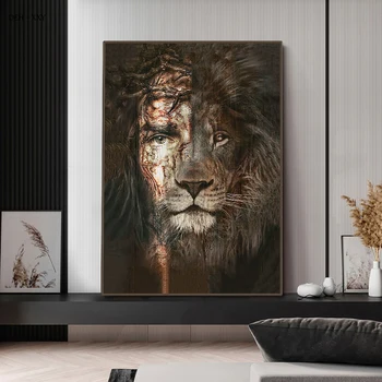 Modern Abstract Jesus Lion Wall Art Canvas Painting Nordic Surrealism Retro Animal Posters Prints Pictures for Home Decoration