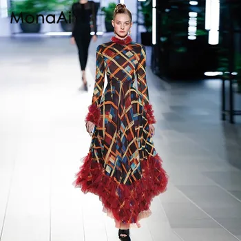 MonaAiYi 2023 Нов моден моден дизайнер на модни мрежи пачуърк дълъг ръкав кариран печат неправилна рокля