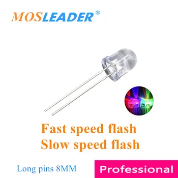 Mosleader 500pcs 8MM RGB Flash led Бърза скорост светкавица Бавна скорост светкавица Червено зелено синьо Прозрачен Дълги щифтове Кръгли горни светодиоди