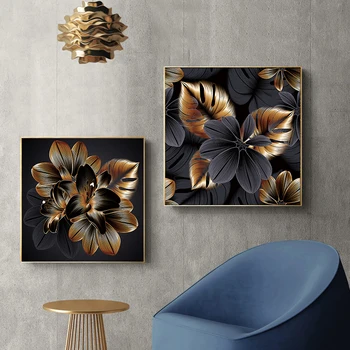 Nordic Aesthetic Black Gold Flowers Canvas Paintings Wall Art Modern Minimalist Posters Wall Art Pictures for Living Room