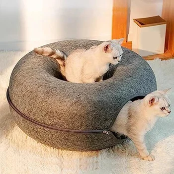 Peekaboo-Cat-Cave Felt Cat-Tunnel Bed For Indoor Cats,Detachable Round Cat-Felt & Washable Interior Cat-Play Tunnel
