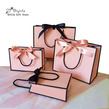 Pink Paper Gift Bag Gold Valentine Day Gift Packag Present Box For Wedding/Clothes Packaging Baby Shower Giveaways With Handle