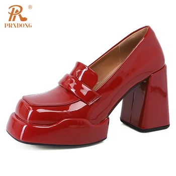 PRXDONG Дамски обувки 2024 Нова пролет есен естествена кожа помпи буци високи токчета платформа черен червен рокля парти дама