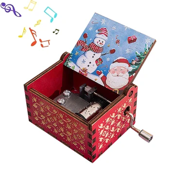 Red Merry Christmas Theme Music Box Carving Wooden Hand Crank Music Box Merry Christmas Decoration Home Christmas Birthday Gift