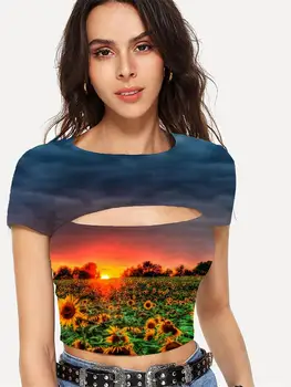 Somepet Sunflower T shirt Women Cloud Tshirts Casual Romantic T-shirts 3d Sun Hollow Out T shirts Womens Clothing Punk Rock