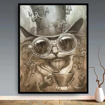 Steampunk котка плакати и отпечатъци за хол скандинавски стил платно живопис стена изкуство карикатура животински картина Начало декор