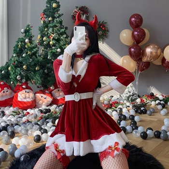 Sweet Kawaii Christmaas Червена рокля на Дядо Коледа Кадифен заек ухо момиче маскарад парти Коледа косплей прислужница пола секси качулка униформа комплект