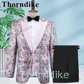 Thorndike Peaked Lapel Groomsmen Tuxedos Custom Floral Print Wedding Dress Suit For Party Prom Suits Set (Blazer + Vest + Pants)
